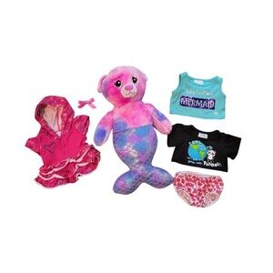 Original Build-A-Bear Mermaid Cat Iridescent Pink Purple Soft Glittery W Clothes